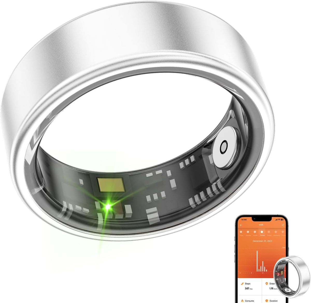 Smart Ring Health Fitness Tracker, Size First with Sizing Kit, Activity & Sleep Tracker/Stress/Heart Rate Monitor, Waterproof Smart Ring for Men/Women, No App Subscription (Silvery, 7)
