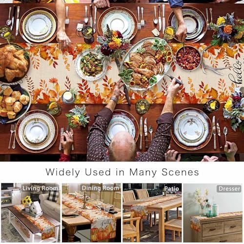 Fall Pumpkin Table Runner Dresser Scarf 13 x 108 Inch Harvest Orange Maple Leaves Table Runners Non-Slip Heat Resistant Kitchen Dining Table Decor for Autumn Thanksgiving Holidays Indoor Outdoor