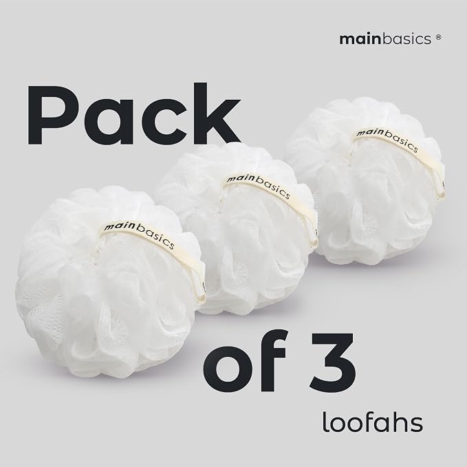 MainBasics Bath Shower Loofah Sponge Pouf Body Scrubber Exfoliator Body Wash Sponge (Set of 3, Snow White)