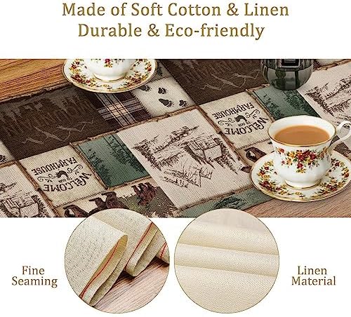 Rustic Cabin Bear Table Runner, Vintage Cottage Country Style Pine Tree Elk Wildlife Dinner Runner for Home Kitchen Dining Table Decoration 13"x90"
