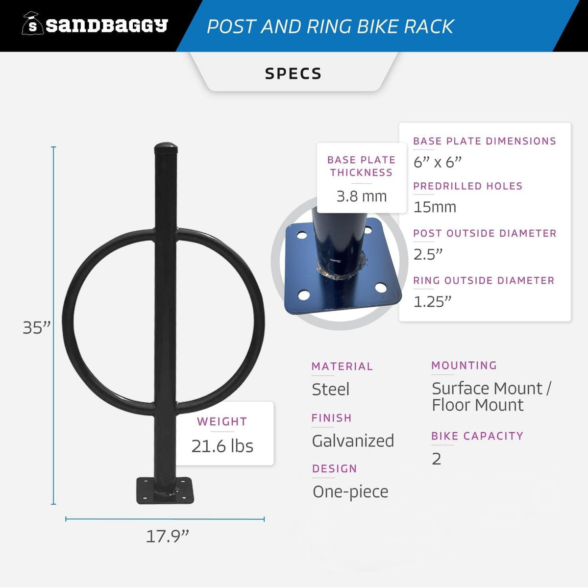 Sandbaggy Post and Ring Bike Rack - Commercial Bike Racks - Galvanized Steel - Anti-Theft Design - In Ground, Apartments, Sidewalks, Industrial (White, 10)