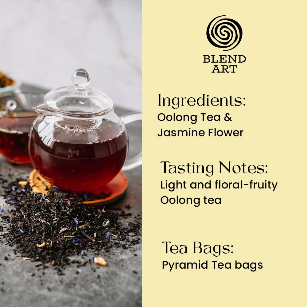 Blendart Jasmine Oolong Tea bags 50 Count | Oolong tea bags for weight loss | Premium High Mountain Oolong Tea leaves | Naturally Caffeinated Tea | Flower Scented Tea | Pyramid Tea bags
