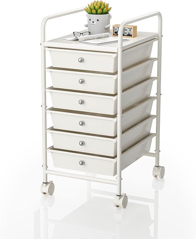 6-Tier Utility Cart with 6 Drawers, Rolling Utility Cart with 2 Lockable Caster Wheels, Multipurpose Mobile Rolling Drawer Cart for Office Bathroom Kitchen, Ivory White