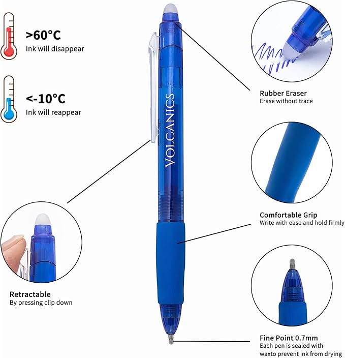 Volcanics Retractable Clicker Erasable Gel Pens - 0.7mm Ball Point, Heat Erase with Built-in Eraser, 12 Pack Soft Black and Blue