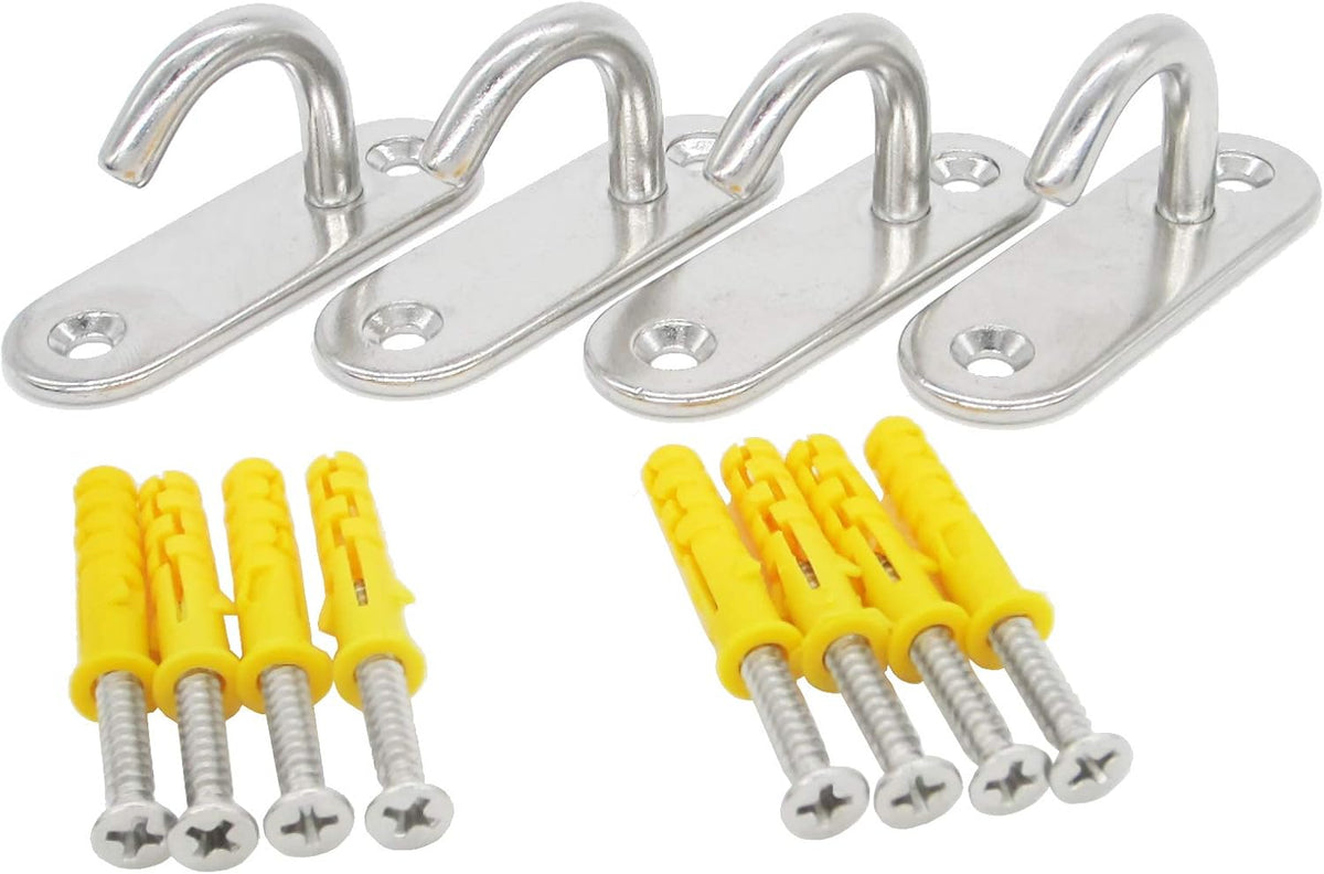 Stainless Steel Ceiling Hooks & Wall Hangers - Heavy Duty M6 Screw Mount, Rust-Proof Anchor Straps for Garage, Outdoor, Storage (4-Pack)