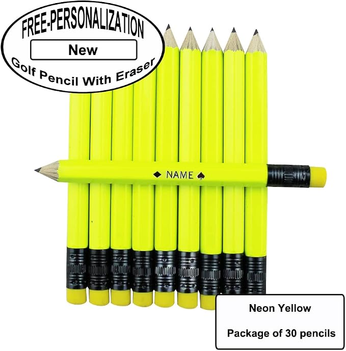 EZPENCILS & GIFTS - Golf Pencils Tipped with Eraser (1/2 a Pencil - Pew Pencils) - Neon Yellow Colored Barrel - FREE-PERSONALIZATION - 2HB Black Lead - Custom Text - Non-Smear Eraser – Package of 30