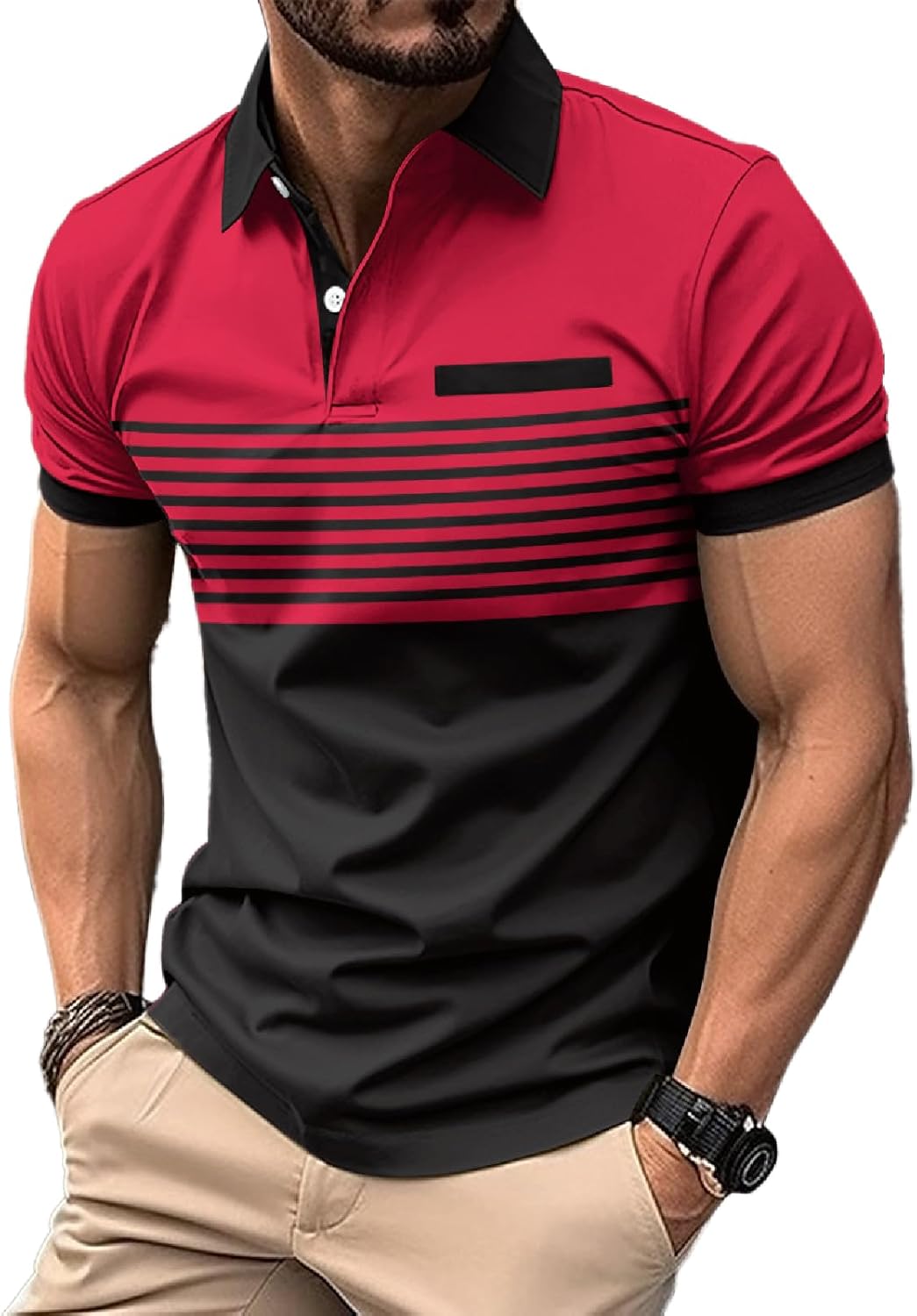Men's Casual Polo Shirts Short Sleeve Fashion Golf Shirt Classic Striped Slim Fit T-Shirts