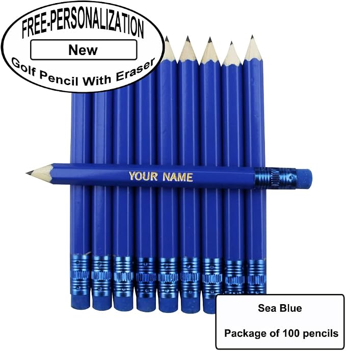 EZPENCILS & GIFTS - Golf Pencils Tipped with Eraser (1/2 a Pencil) - Sea Blue Colored Barrel - FREE-PERSONALIZATION - 2HB Black Lead - Custom Text - Non-Smear Eraser – Package of 100