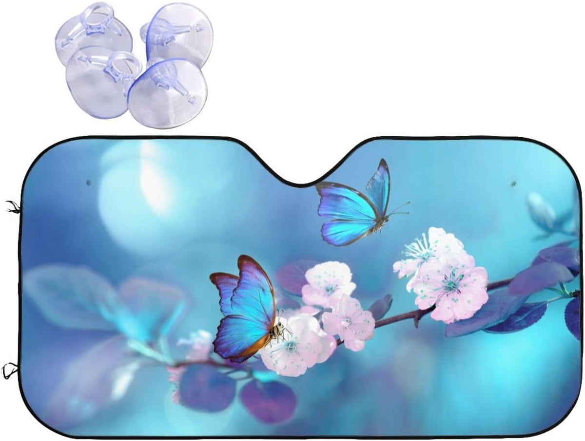 Blue Butterfly Flower Car Windshield Sunshade Front Window Sun Visor Protector Foldable Shield Cover for Truck SUV