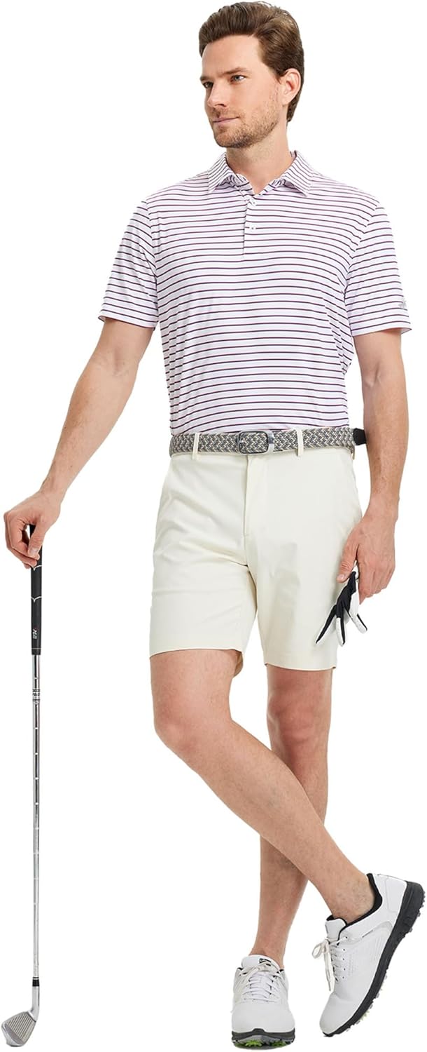 Rouen Mens Polo Shirts Short Sleeve Dry Fit Performance Moisture Wicking Causal Striped Polo Collared Golf Shirts for Men