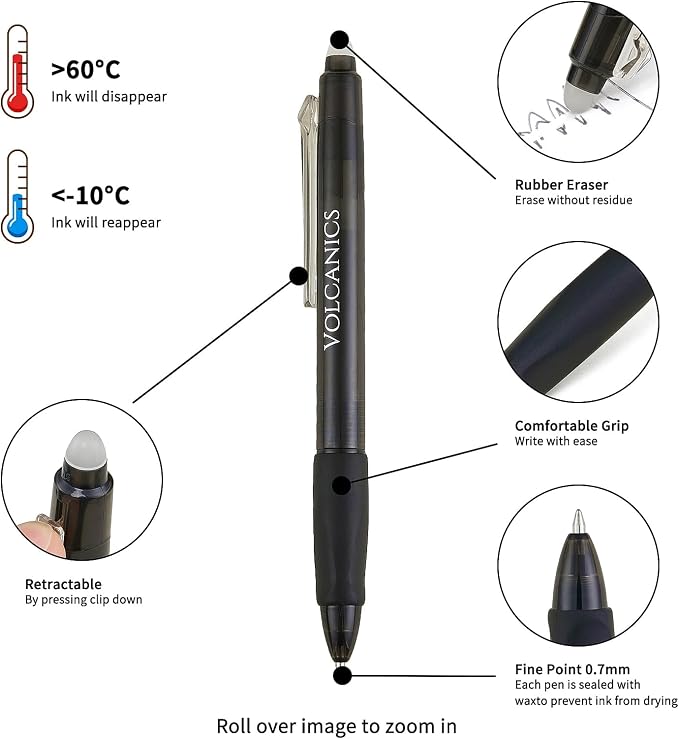 Volcanics Retractable Clicker Erasable Gel Pens - 0.7mm Ball Point, Heat Erase with Built-in Eraser, 12 Pack Soft Black and Blue