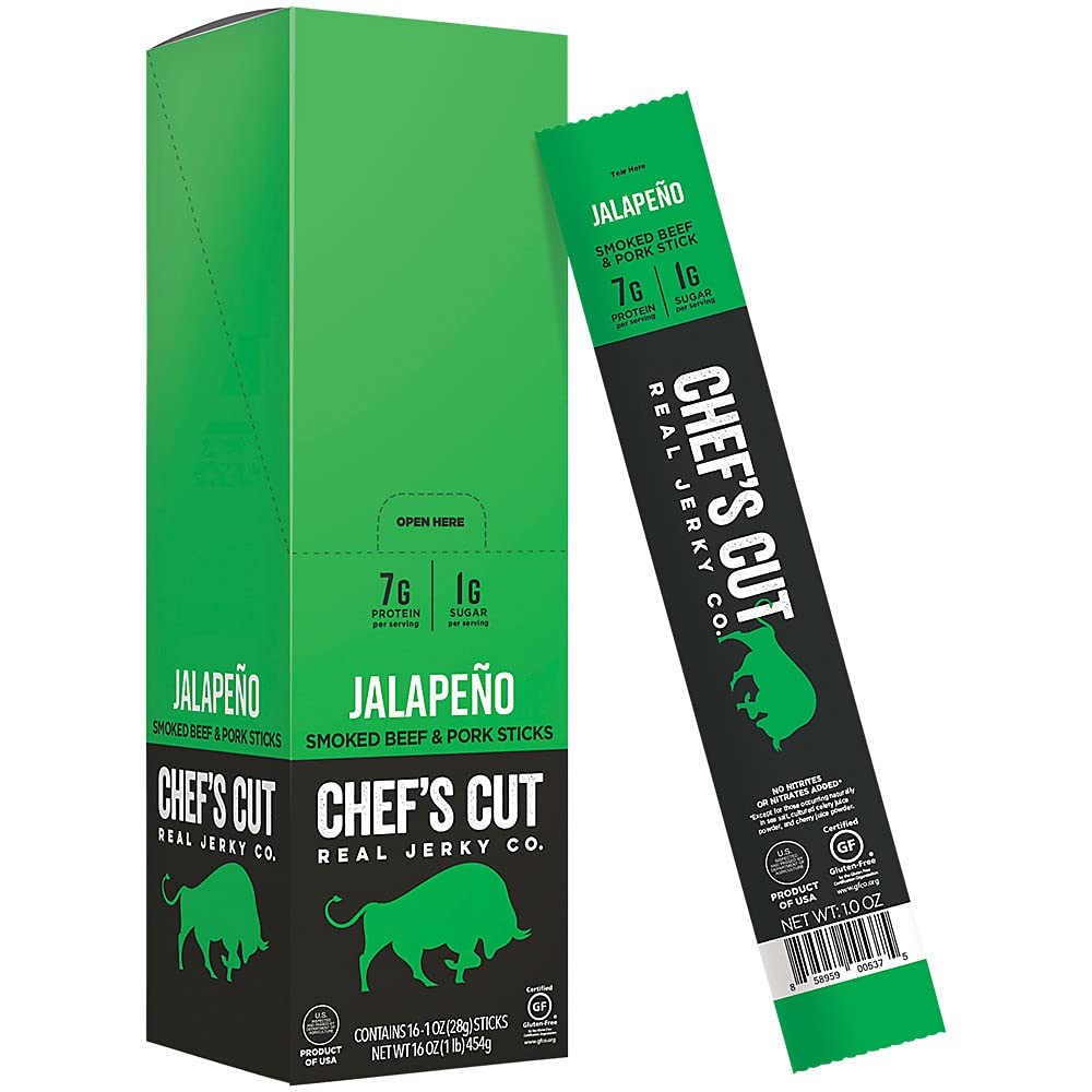 Chef's Cut Pork & Beef Snack Sticks, Jalapeno, High Protein Meat Snack, Individually Wrapped, 8g Protein and 120 Calories, Gluten Free - 1 Ounce (Pack of 16)