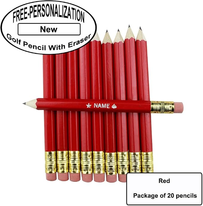 EZPENCILS & GIFTS - Golf Pencils Tipped with Eraser (1/2 a Pencil - Pew Pencils) - Red Colored Barrel - FREE-PERSONALIZATION - 2HB Black Lead - Custom Text - Non-Smear Eraser – Package of 20