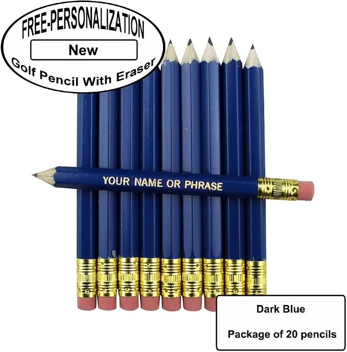 EZPENCILS & GIFTS - Golf Pencils Tipped with Eraser (1/2 a Pencil - Pew Pencils) - Dark Blue Colored Barrel - FREE-PERSONALIZATION - 2HB Black Lead - Custom Text - Non-Smear Eraser – Package of 20