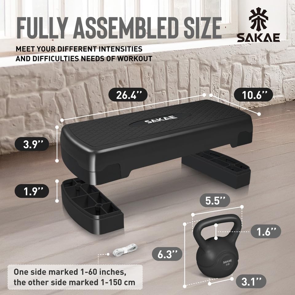 Adjustable Height Aerobic Stepper Set, Multiple Bundle Options with Dumbbells, Kettlebell, Waist Trimmer, Ankle Weights or Weighted Vest, Workout Exercise Step Platform w/Level Risers, 4 Colors