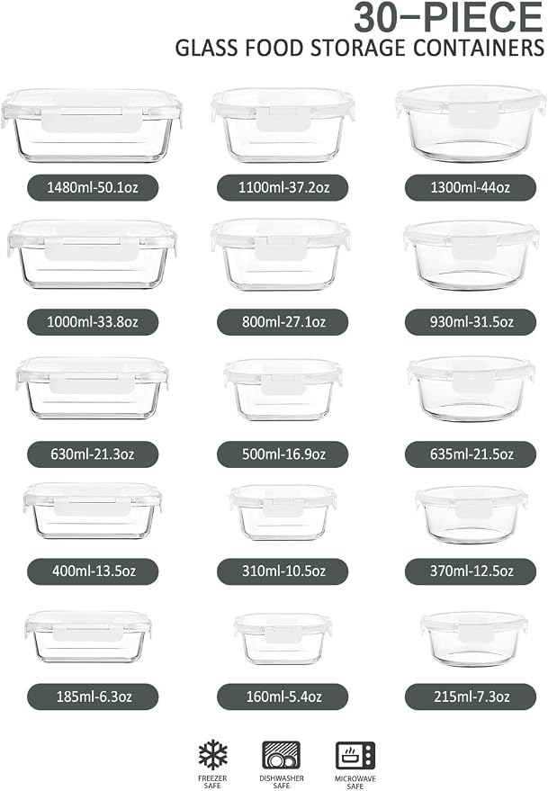 30 Pieces Glass Food Storage Containers with Upgraded Snap Locking Lids,Glass Meal Prep Containers Set - Airtight Lunch Containers, Microwave, Oven, Freezer and Dishwasher Friendly (White)