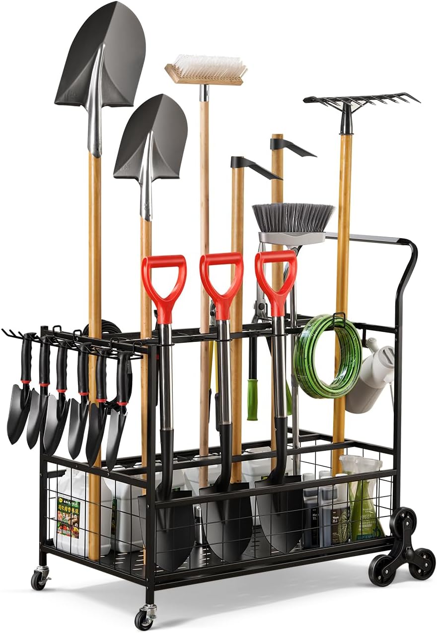 Heavy-Duty Garden Tool Organizer for Garage with 2 Stair-Climbing Wheels, Lawn & Yard Tool Storage Rack, Garage Tool Cart with Lockable Wheels, Outdoor Garden Tool Storage for Sheds