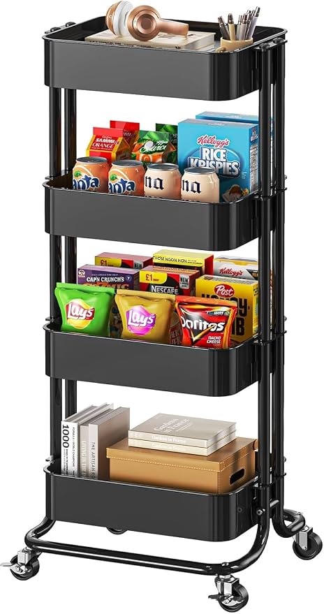 Pipishell 4 Tier Metal Rolling Utility Cart, Heavy-Duty Storage Rolling Cart with 2 Lockable Wheels, Multifunctional Mesh Organization Utility Cart for Kitchen Dining Room Living Room, PIUC13B