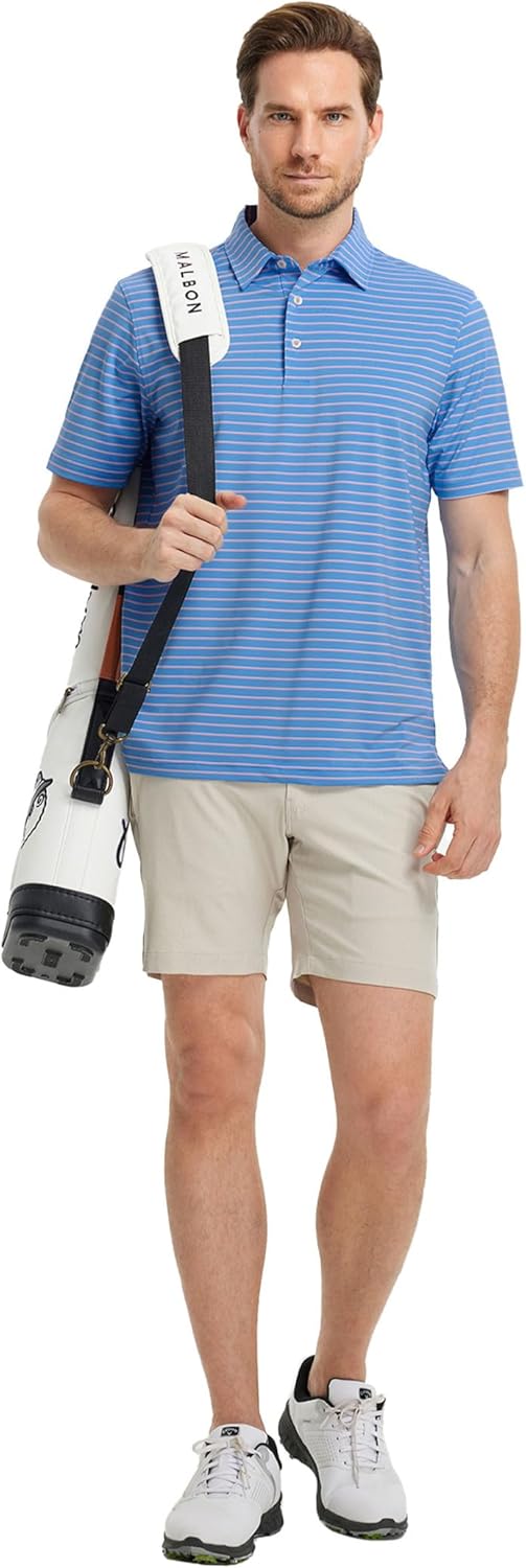 Rouen Mens Polo Shirts Short Sleeve Dry Fit Performance Moisture Wicking Causal Striped Polo Collared Golf Shirts for Men