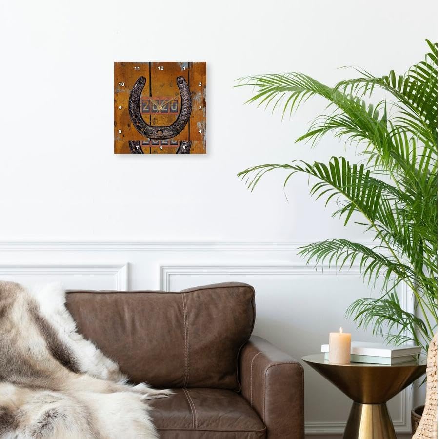 3dRose Wall Clock Silent - 10 inch - Imago of Rustic Horseshoe on Wooden Wall, 2020 New Year - New Years Design