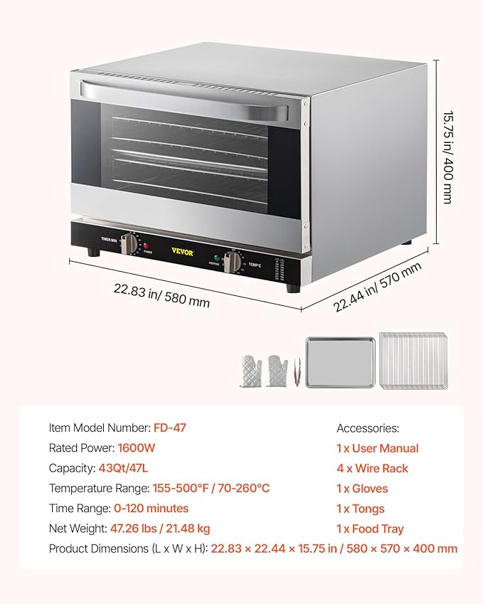 VEVOR Commercial Convection Oven, 47L/43Qt, Half-Size Conventional Oven Countertop, 1600W 4-Tier Toaster w/Front Glass Door, Electric Baking Oven w/Trays Wire Racks Clip Gloves, 120V