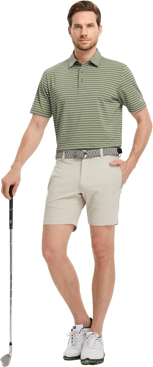 Rouen Mens Polo Shirts Short Sleeve Dry Fit Performance Moisture Wicking Causal Striped Polo Collared Golf Shirts for Men