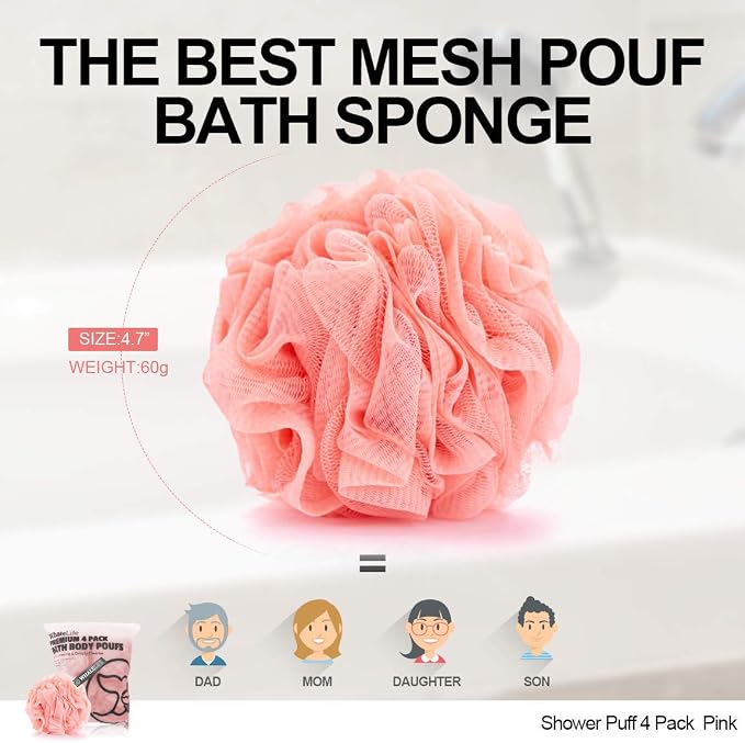 Loofah Sponge Bath Sponge for Women Men 4 Pack (Pink)
