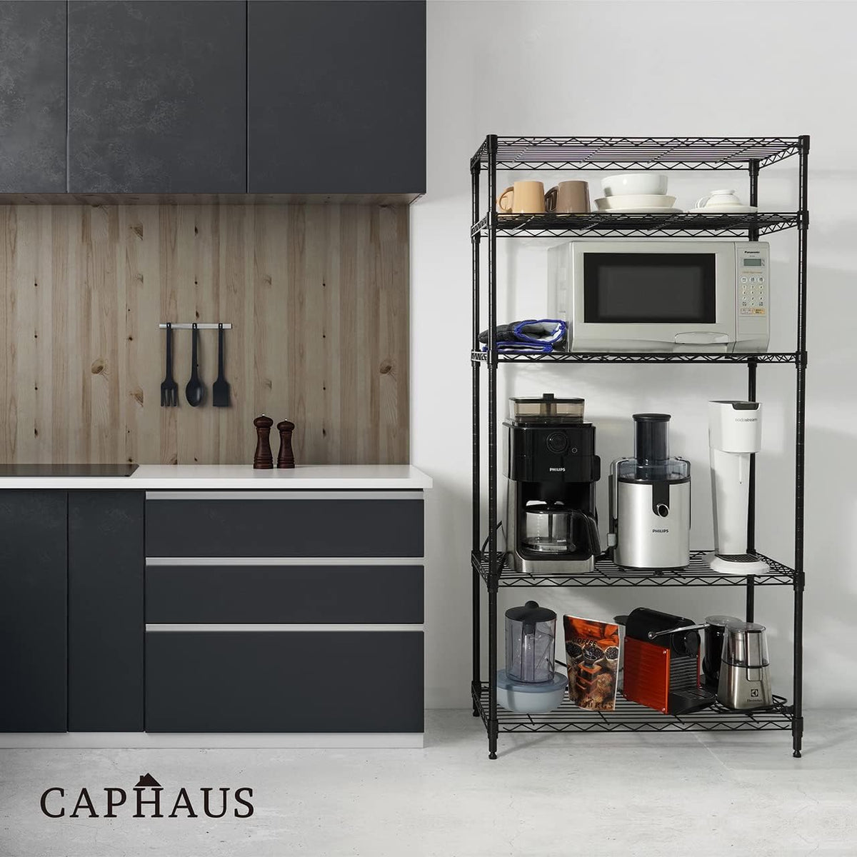CAPHAUS 3/4/5-Tier Adjustable Height Wire Shelving Unit, Wire Rack Shelving, Metal Steel Storage Shelves, Garage Shelving Storage Organizer, Utility Storage Shelf, 5-Tier With Wheels, Black