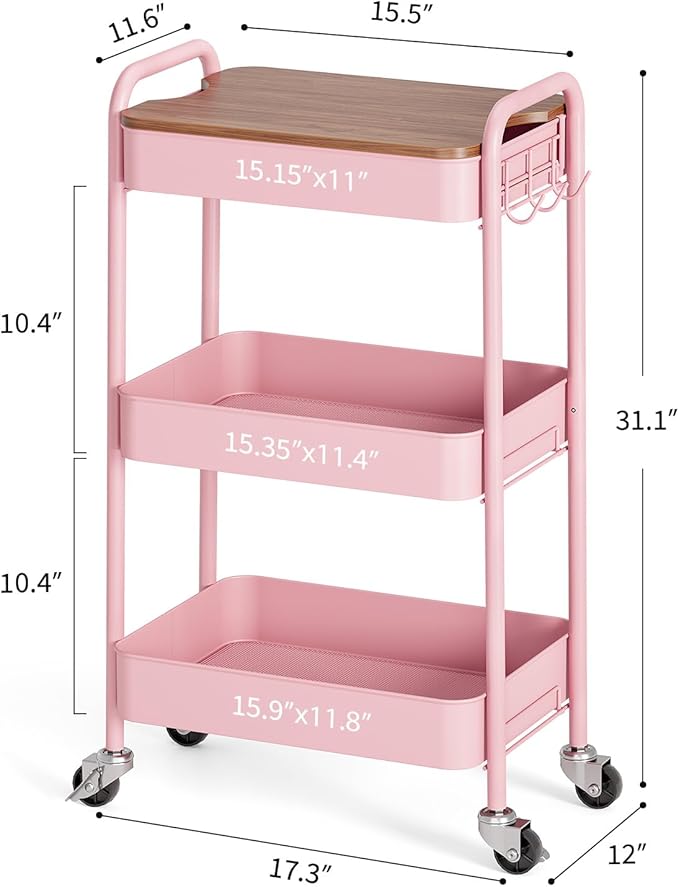 TOOLF 3-Tier Rolling Cart with Table Top, Metal Storage Cart on Wheels, Utility Organizer with Wooden Tray, Lockable Casters, Easy Assembly for Bathroom, Living Room, Office, Bedside, Pink