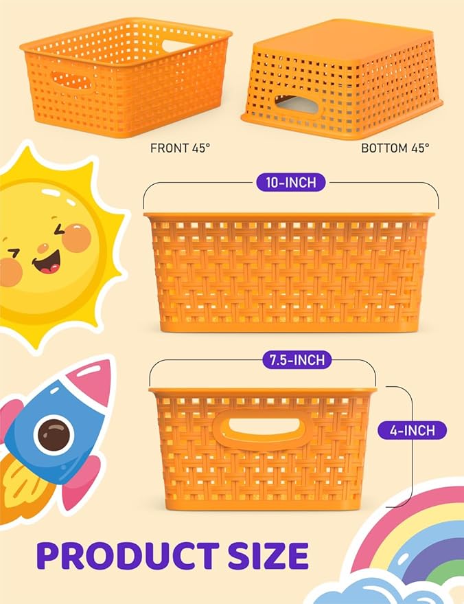 WYT 6-Pack Plastic Small Shelf Storage Weave Baskets Organizing for Cabinets and Pantries, Orange