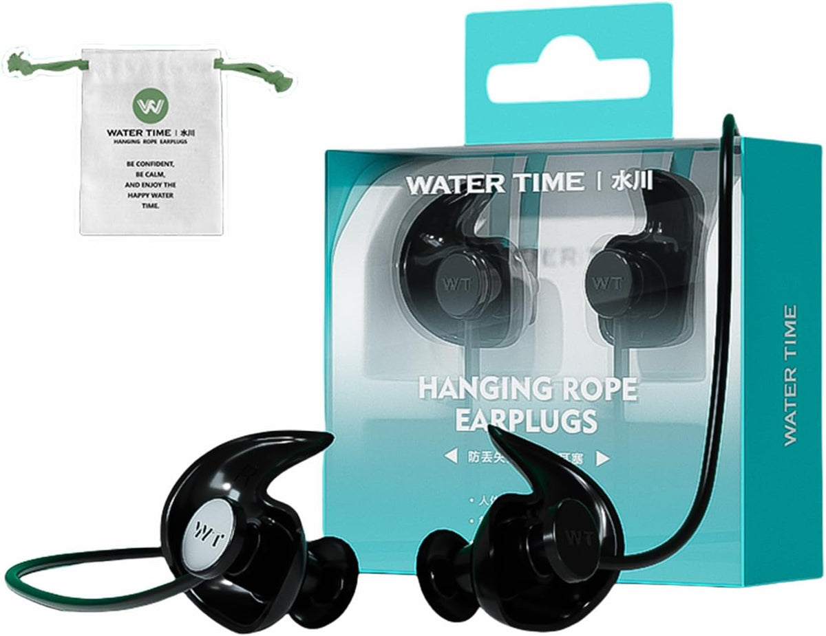 WATERTIME Waterproof Swimming Neckband Ear Plugs for Adults - Reusable Silicone Ear Plugs for Women & Men, Keep Ear Water Out for Swimming, Showering, Water Sports (Black, One Size)
