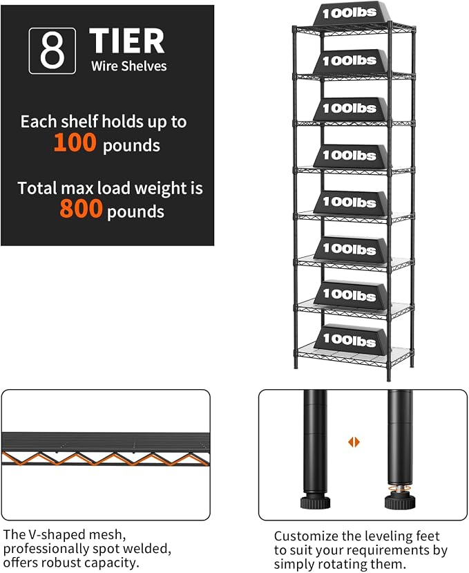 SINGAYE 8 Tier Shelf Organizer Storage Metal Shelves Garage Wire Shelving Unit Pantry Rack Adjustable Standing Storage for Kitchen Closet Laundry Bathroom Pantry 12" D x 22" W x 74" H Black