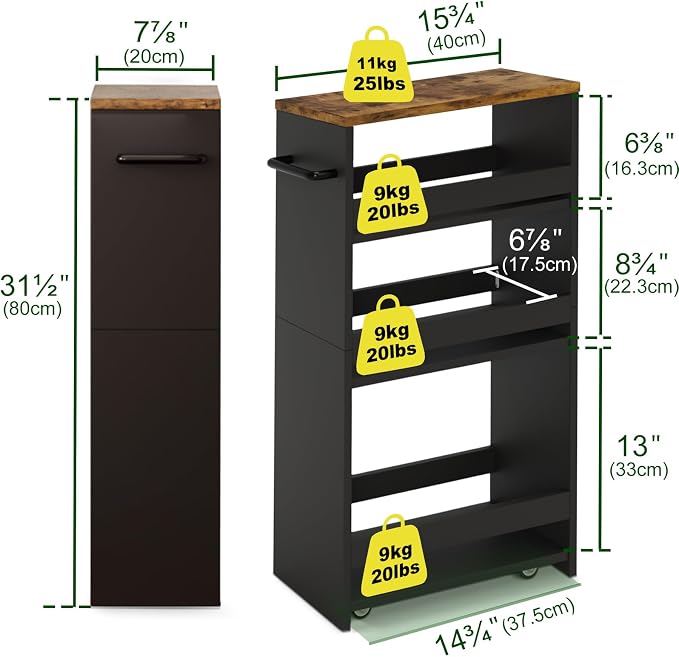 TEAMIX 4 Tier Slim Storage Cart with Handle, Slide Out Storage Rolling Utility Cart Mobile Shelving Unit Organizer Trolley for Small Spaces Kitchen Laundry Narrow Places (Black+Brown, 7-7/8'' W)