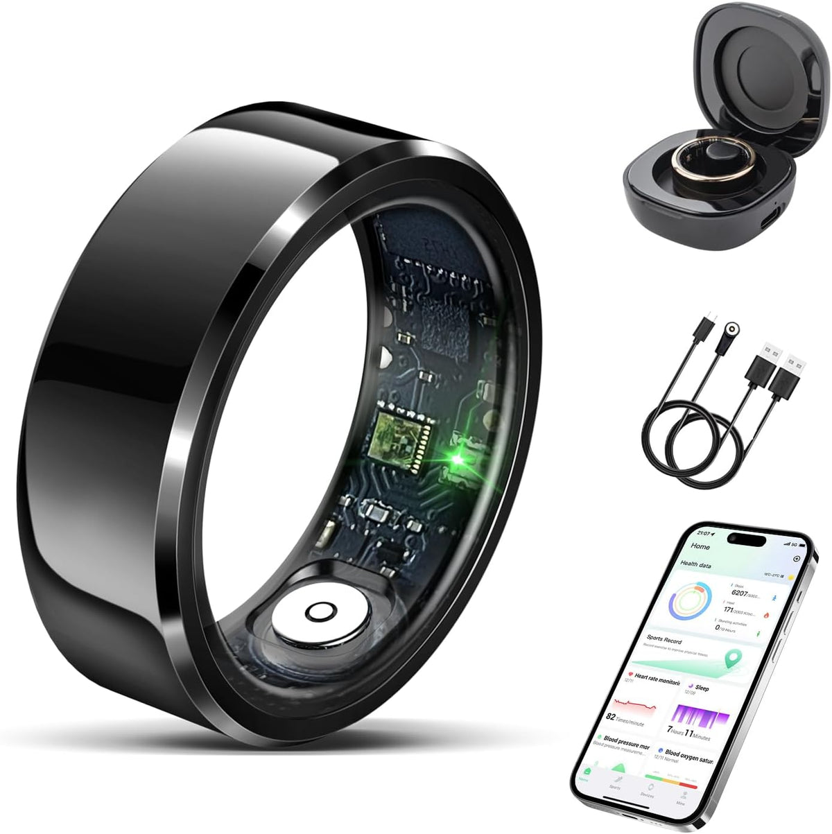 Smart Ring for Women Men-Wearable Fitness Tracker with Sleep Tracking Heart Rate Blood Oxygen Healthy Monitor Ring Activity Monitoring Steps Calories Black