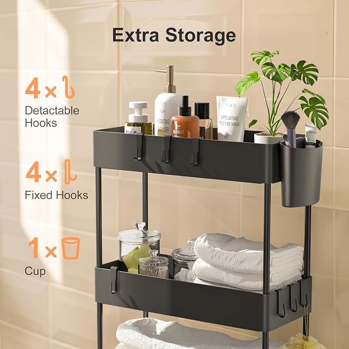 Pipishell Slim Storage Cart with Wheels - Bathroom Cart Organizer Storage, 4 Tier Rolling Carts for Bathroom, Laundry Room, Kitchen, Narrow Space, Black PIUC05