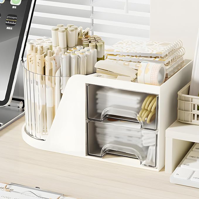 360 Degree Rotating Pencil Pen Holder for Desk , Cute Desk Pen Organizers Desktop Storage Stationery Supplies Cup Pot for Office School Home Art Supply Accessories Caddy Makeup Brush Holder White