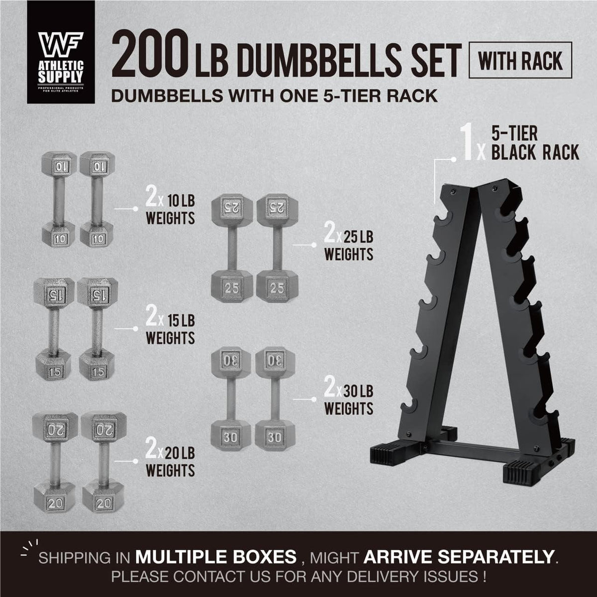WF Athletic Supply 200Lb Dumbbell Set, 10-30Lb Dumbbell Set with A Frame Storage Rack for Muscle Toning, Strength Building & Weight Loss - Multiple Choices Available