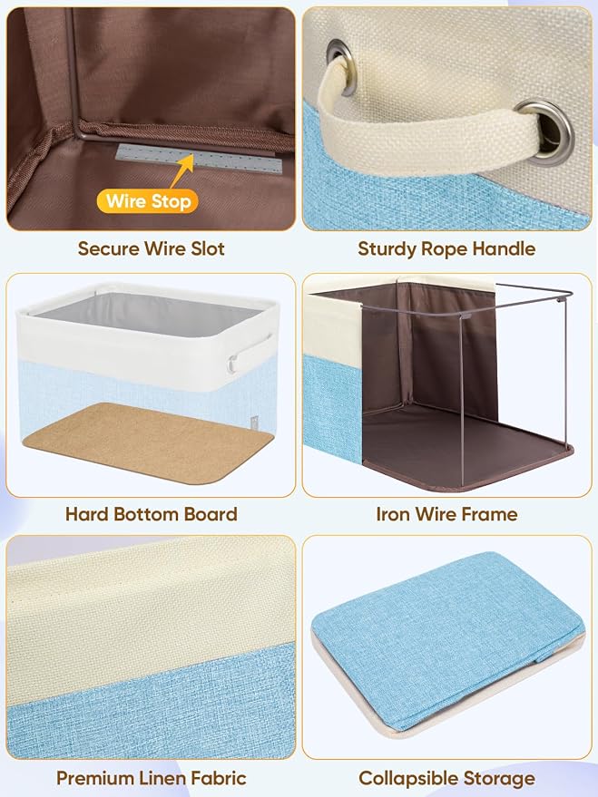 BALEINE 3 Pack Fabric Closet Storage Bins for Shelves, Linen Closet Organizers and Storage, Decorative Baskets for Organizing, Shelf, Clothes, Home, Office (Skyblue, 17''x13''x10.5'')