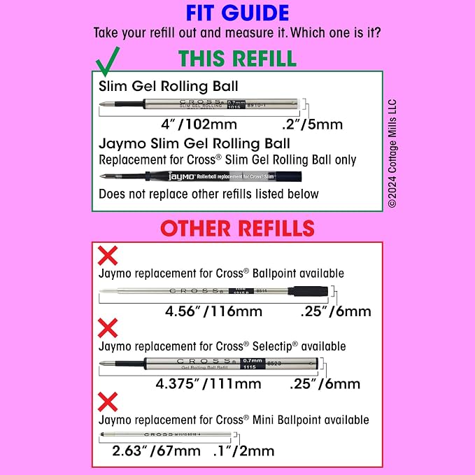 Replacement for Cross Slim 8910, Gel Roller Refill, 2Black+2Blue+Red+Purple