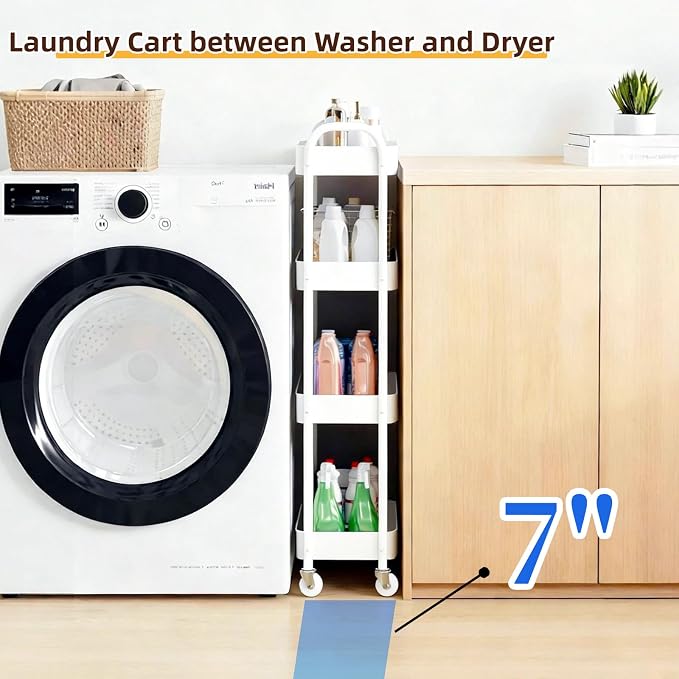 4 Tier Slim Kitchen Storage Cart for Narrow Space, 7.1'' Wide Metal Rolling cart with Wheels and Lockable Casters, Sturdy Mobile Thin Shelf for Laundry Room Between Washer and Dryer, White