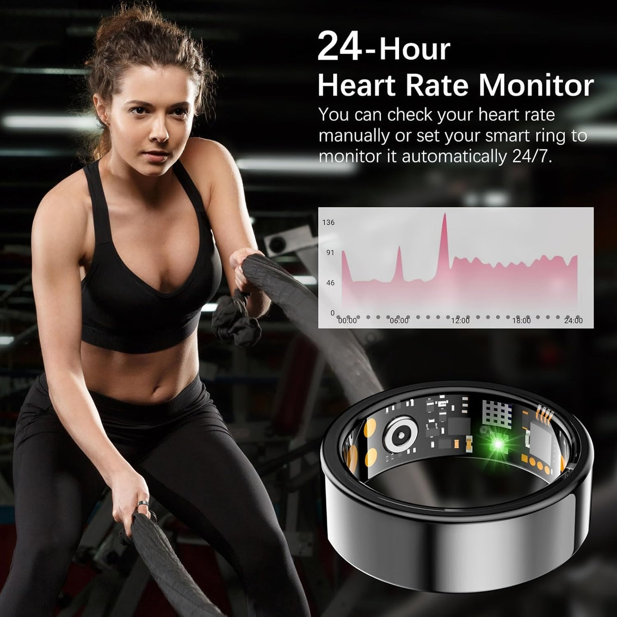 Ring Health Tracker for Women Men, Fit Ring with Heart Rate, Blood Oxygen, Sleep Monitor, Calories, Step Counter, IP68 Waterproof Smart Ring for iPhone & Android, No Subscription Fee (Black, 11#)