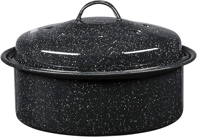 Granite Ware 8.7-Inch Small Covered Round Roaster, 3Lb Capacity – Mini Roaster Enamel Steel Cookware, Dishwasher Safe & PFOA-Free, Even Heat Distribution for Poultry, Meat, Vegetables (Speckled Black)
