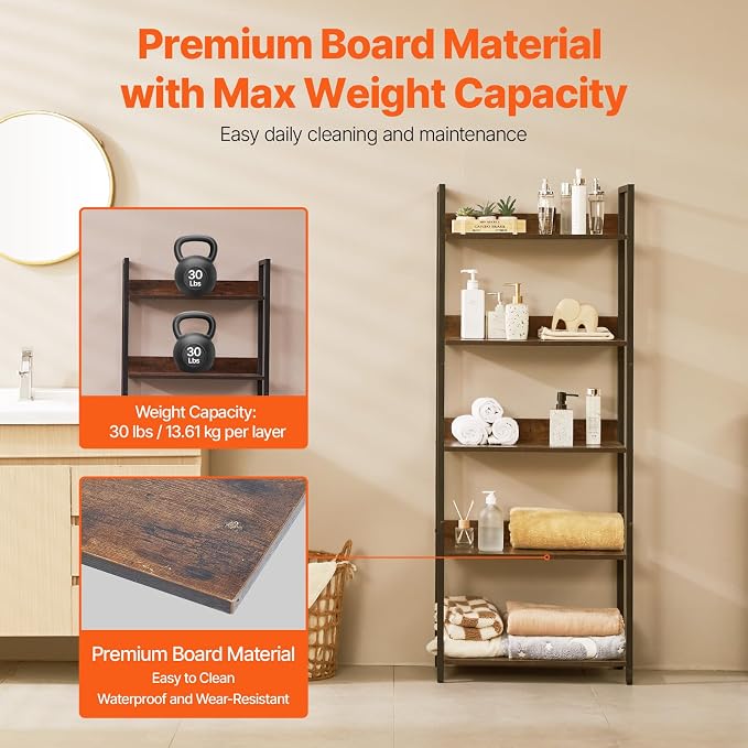VEVOR Metal Bookshelf, 5-Tier Tall Industrial Bookshelf, Rustic Display Vintage Storage Bookcase with Open Shelves, Freestanding Display Shelving Unit Storage Rack, for Living Room, Bedroom & Office