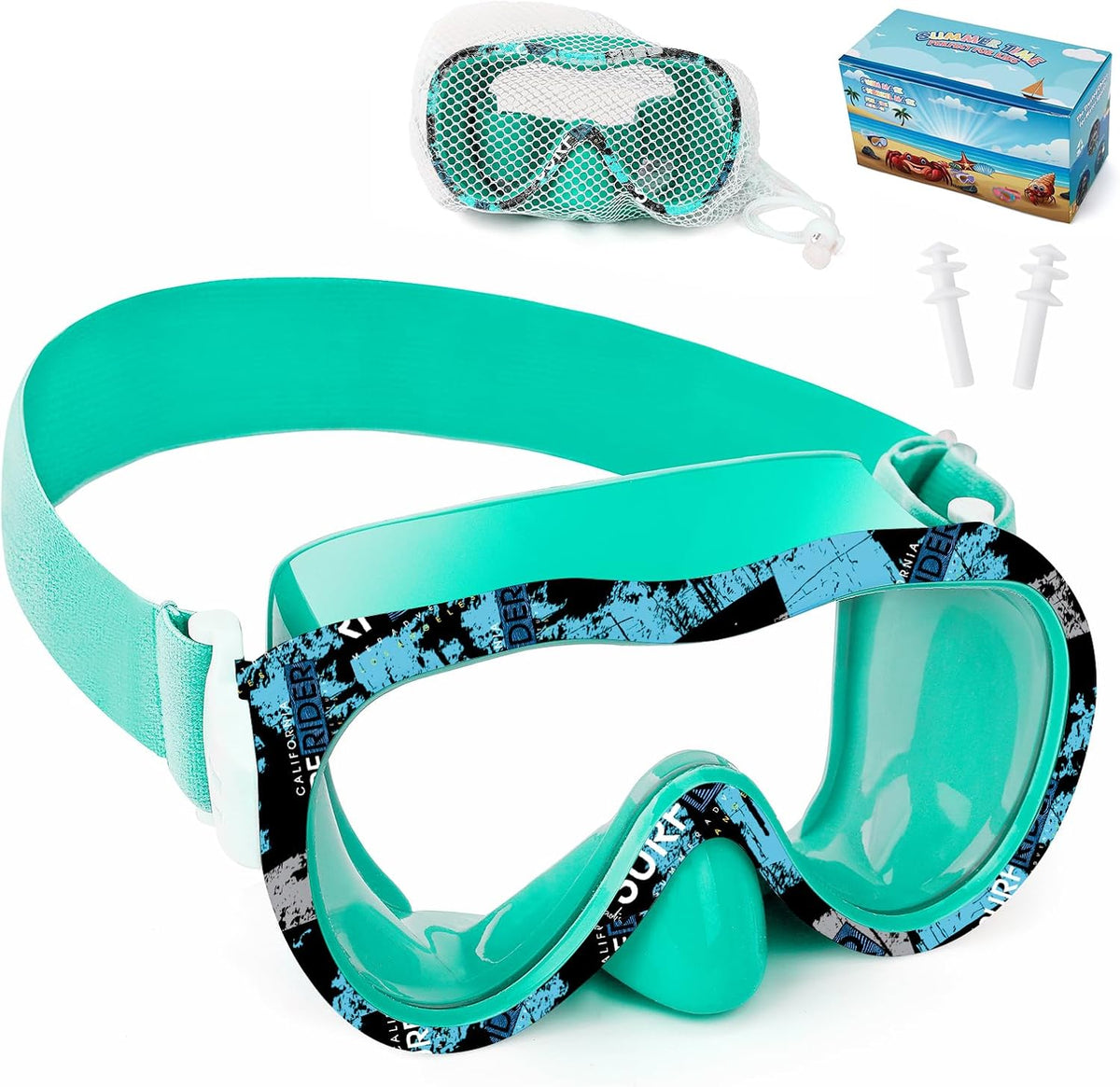 Kids Swim Goggles 180° Snorkel Diving Mask with Nose Cover, Anti-Fog Kids Swimming Goggles with Elastic Fabric Strap for Kids Boys Girls
