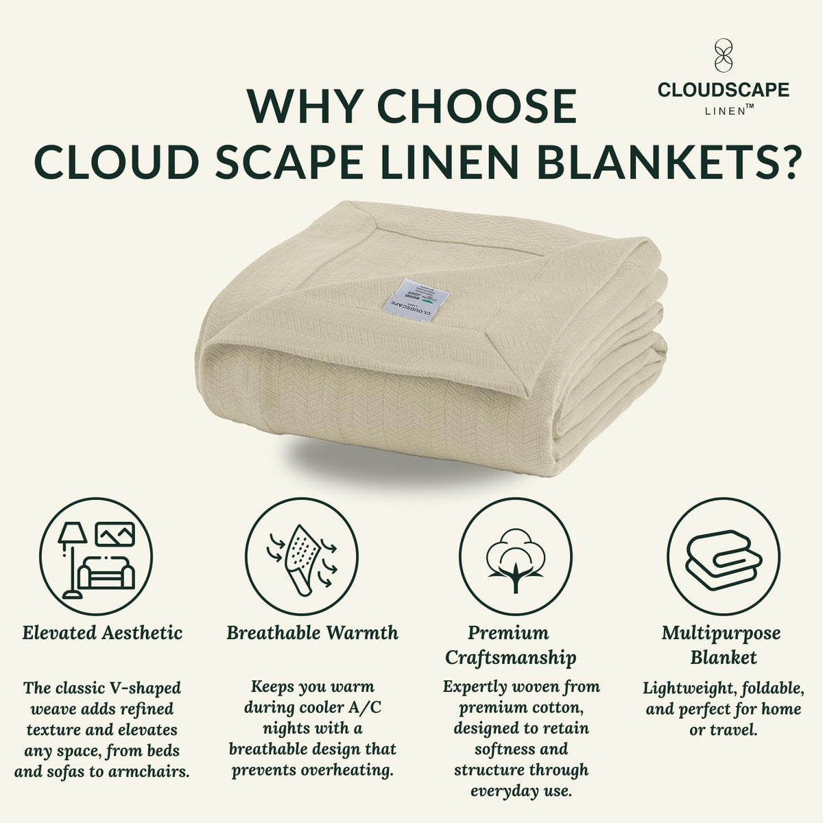 Herringbone Cotton Twin Blanket for Couch, Bed,Sofa, Home Decor, Soft, Lightweight, All-Season Bed Blanket, 68 x92, Beige Fog
