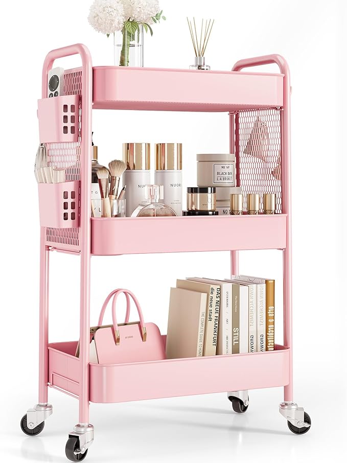 TOOLF 3 Tier Rolling Cart Storage Organizer, Metal Rolling Utility Cart with Wheels, Hooks & Bins Esthetician Craft Art Sturdy Storage with Pegboard for Bathroom, Kitchen, Office, Nursery Diaper