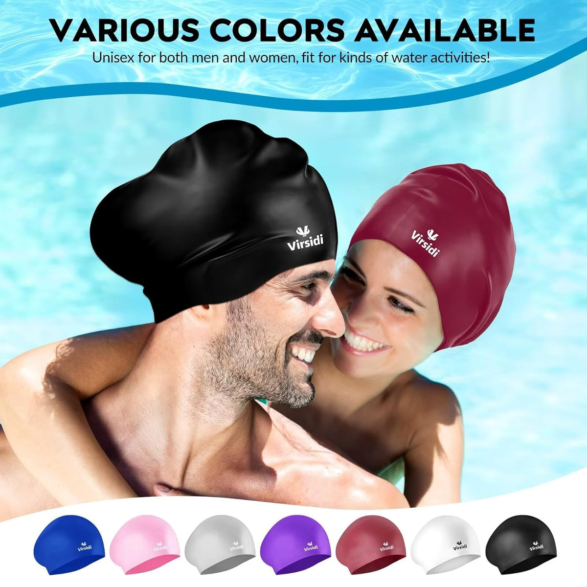 2 Pack Large Swim Caps for Long Hair, Silicone Swimming Cap for Adult Women Men, Waterproof Swim Hats Bathing Caps to Keep Hair Dry with Bonus Nose Clip and Earplugs