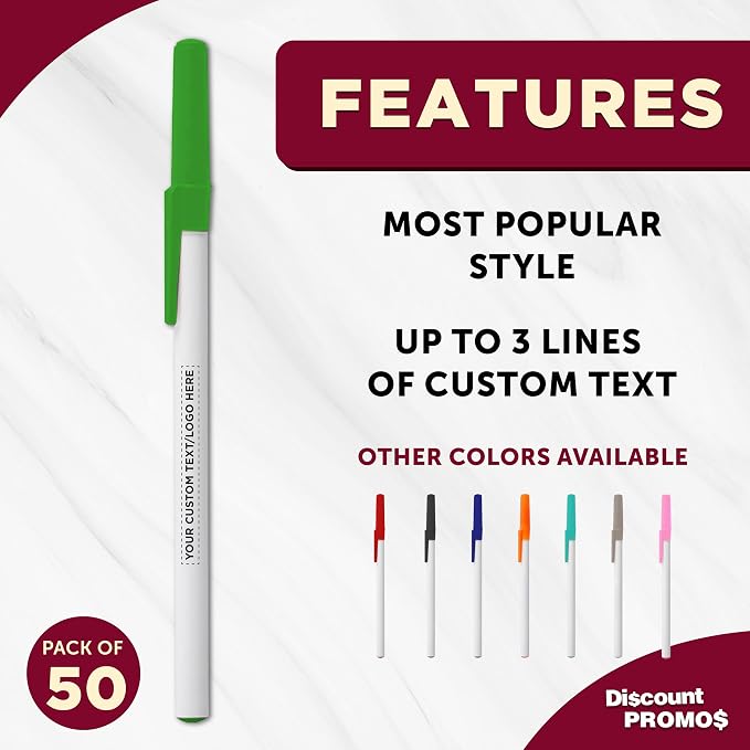 DISCOUNT PROMOS Custom Value Stick Pens Set of 50, Personalized Bulk Pack - Black Ink, Great for Office, School, Business, Tradeshows, Events - Green