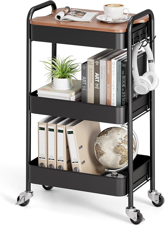 TOOLF 3-Tier Rolling Cart with Table Top, Metal Storage Cart on Wheels, Utility Organizer with Wooden Tray, Lockable Casters, Easy Assembly for Bathroom, Living Room, Office, Kitchen, Black