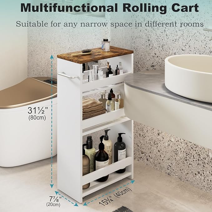 MARTY Rolling Storage Cart 7.9" W, 4-Tier Kitchen Cart with Wheels Handle, Slim Storage Cart Mobile Shelving Utility Carts for Bathroom Laundry Room Organization Narrow Places (White)